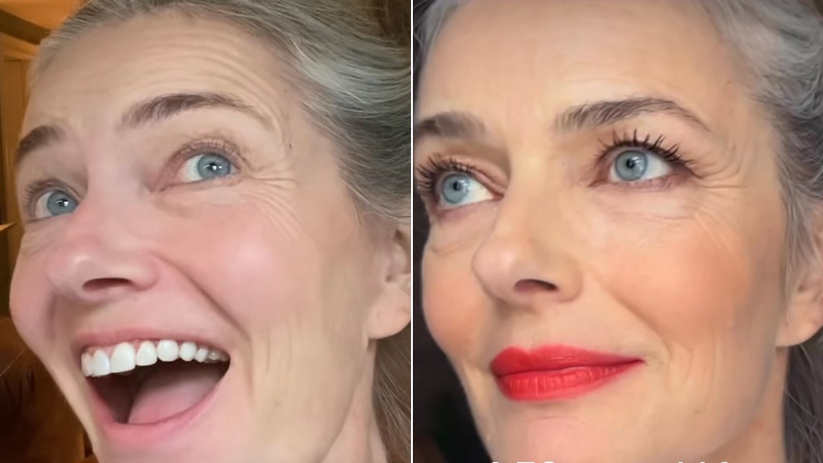 Paulina Porizkova looks up with no makeup split Paulina Porizkova looks to her right with a red lip and mascara and foundation