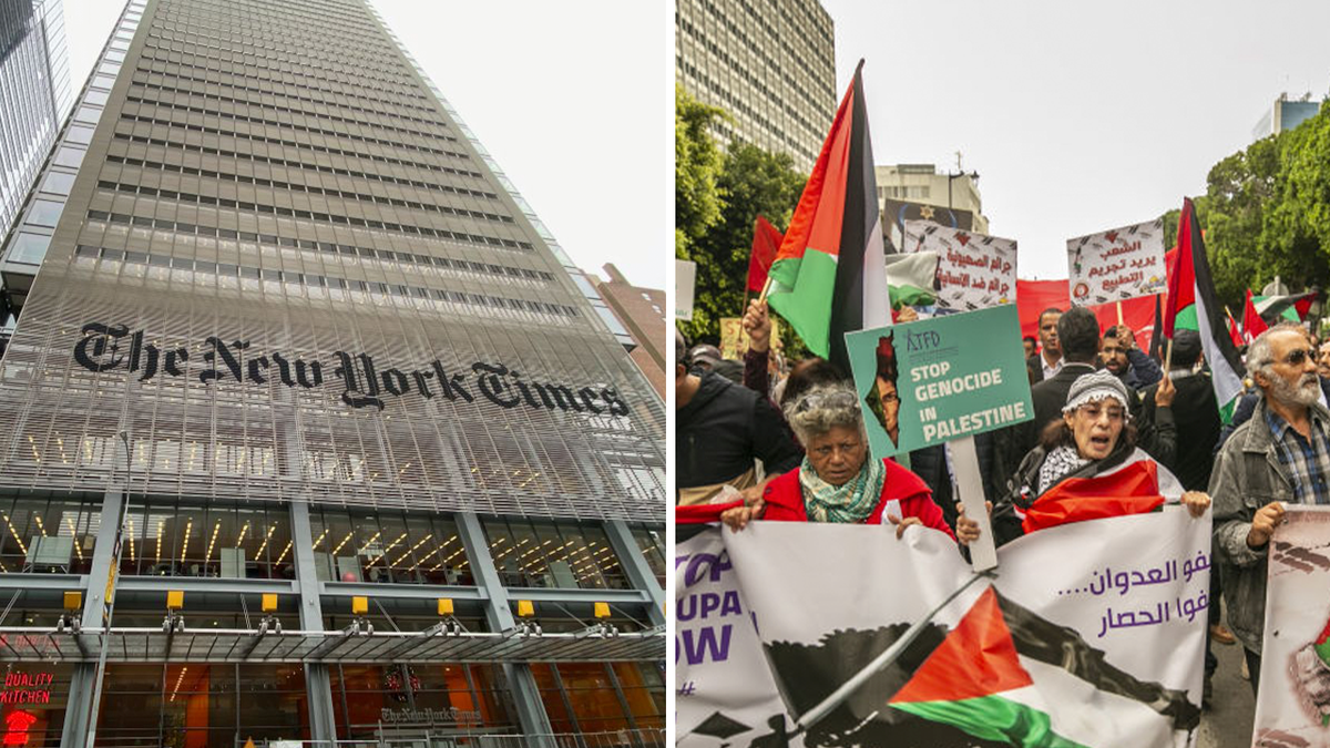Photo of NYT building next to photo of protesters